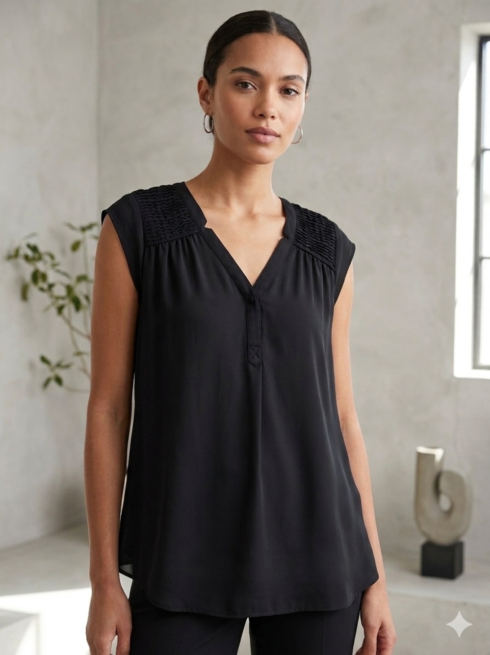 Black Rainn Black Pleated Yoke V-Neck Cap Sleeve Blouse